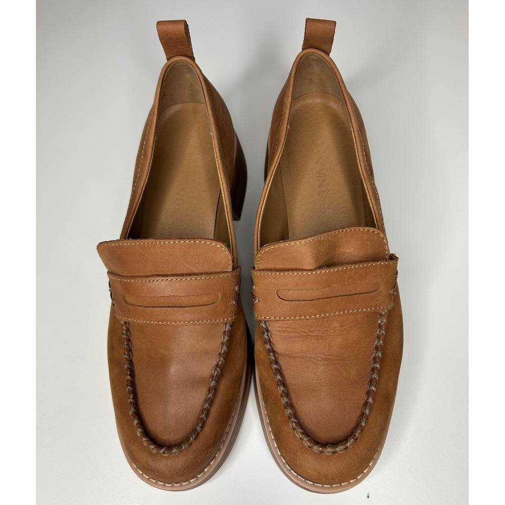 Crown Vintage Nirea Tan Leather Penny Loafers Braided Trim Block Heel Womens 9M
